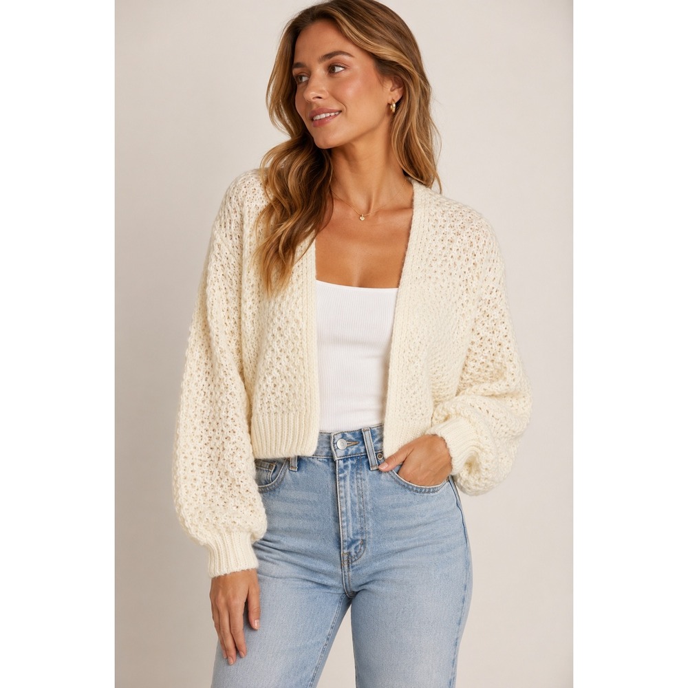 Lulus Ivory Chunky Knit Cropped Open Front Cardigan Balloon Sleeve Cozy Size S
